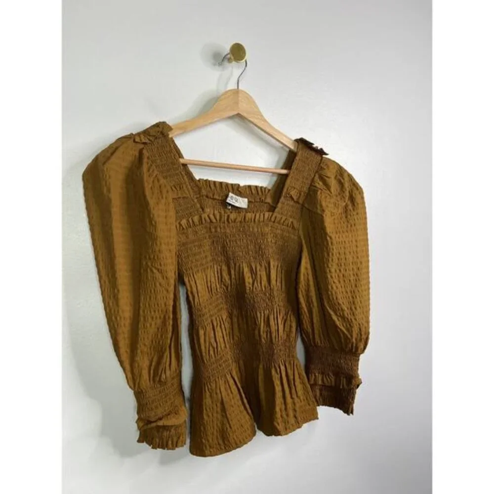 Sea New York Sevyn Solid Seersucker Long Sleeve Smocked Top Brown Size: XS NWOT